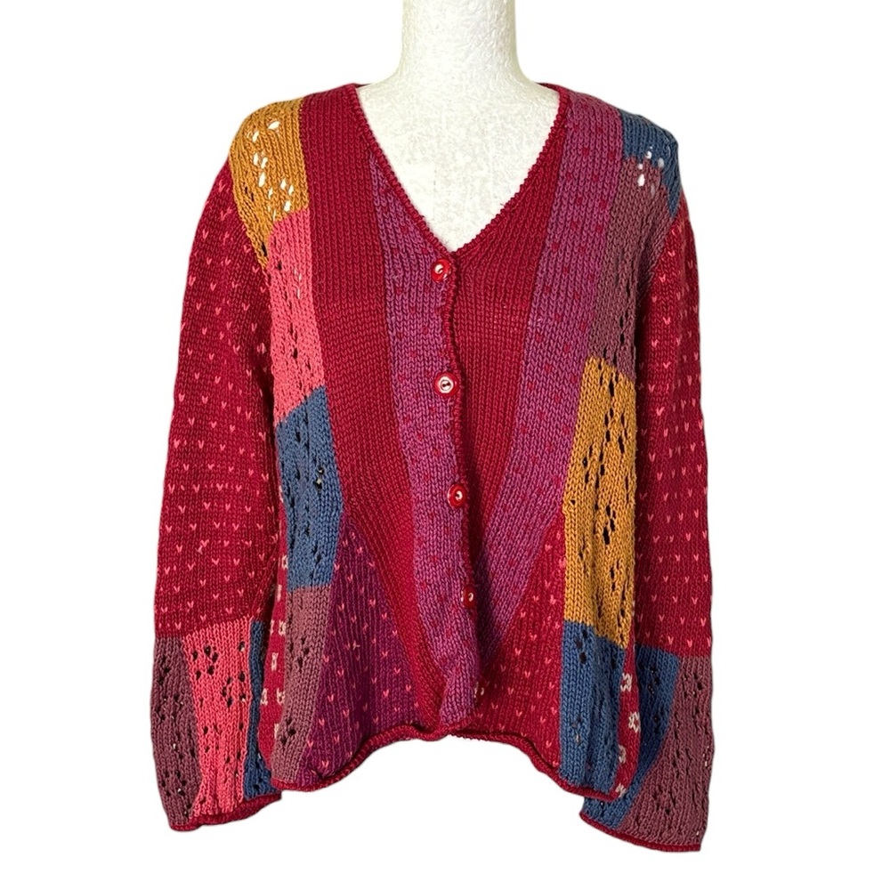 Vintage Amano Hand Knit Colorblock Button Front V-Neck Cardigan - M / L